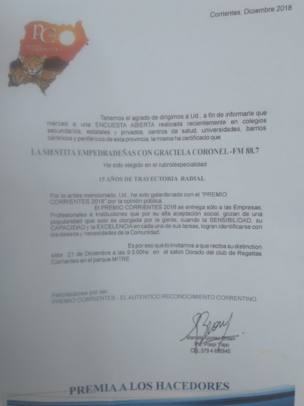 Premio "Corrientes" a tres programas de FM Empedrado