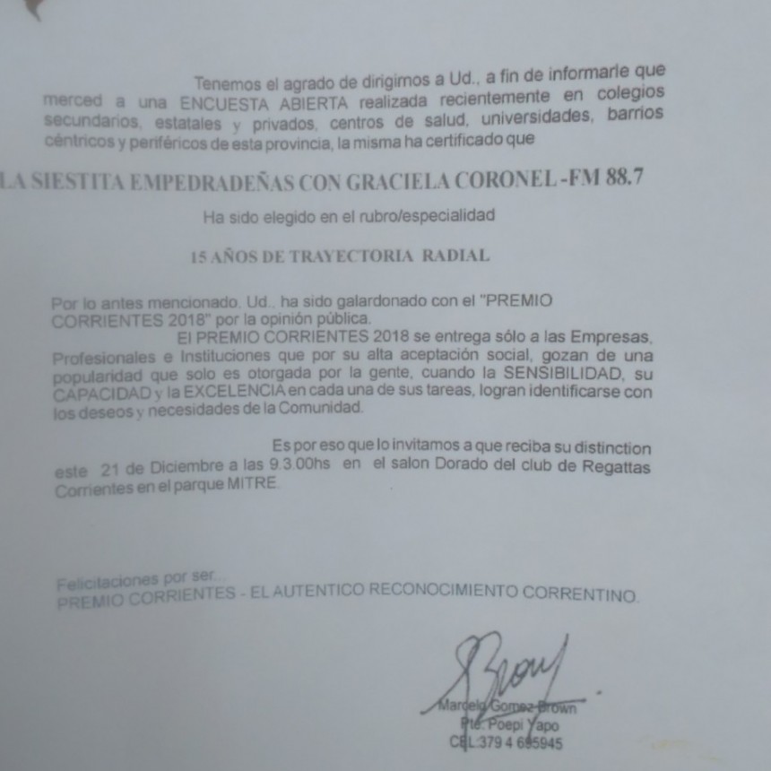 Premio "Corrientes" a tres programas de FM Empedrado